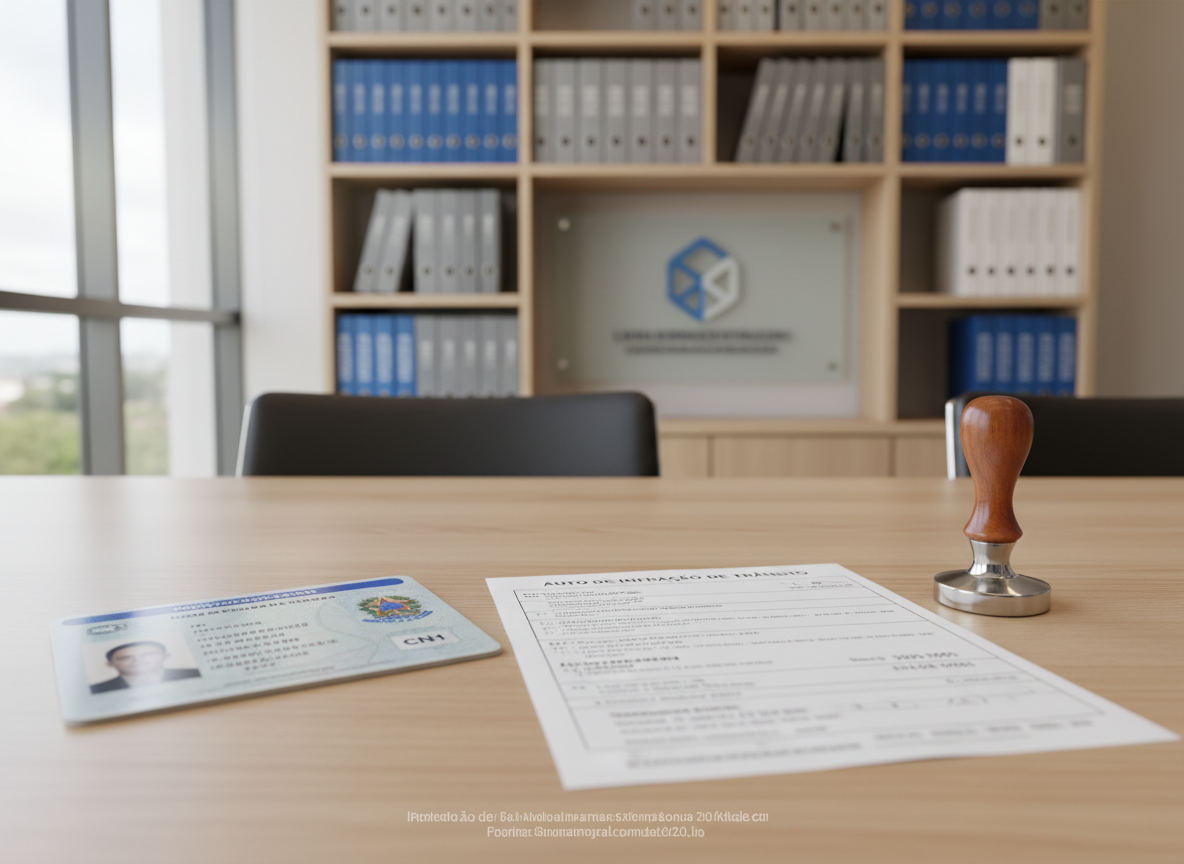 Uma mesa de madeira clara em um moderno escritório de advocacia, vista em fotografia realista, exibindo em primeiro plano uma Carteira Nacional de Habilitação brasileira aberta ao lado de um auto de infração detalhado e um elegante carimbo metálico. Ao fundo, levemente desfocado, aparece uma parede com prateleiras de pastas organizadas e uma placa discreta com informações legais de rodapé junto a um logotipo abstrato do escritório. Luz natural suave entra por uma janela lateral, misturada a iluminação quente de escritório, criando reflexos sutis no metal do carimbo. Composição em regra dos terços, câmera em nível da mesa, atmosfera profissional, de confiança e organização, ideal para comunicar serviço de recurso de multas de trânsito.